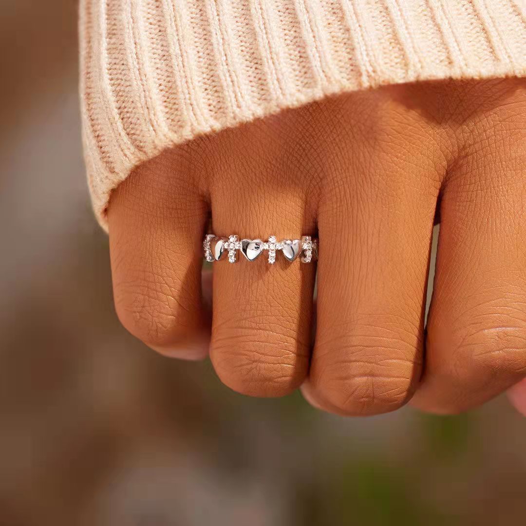 Silver Cross Heart Ring